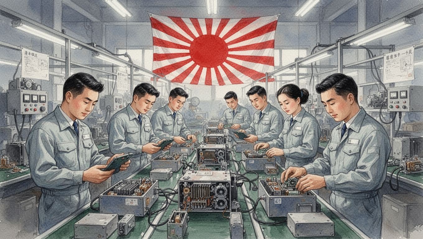 Busy 1960s-style Japanese factory floor with workers in uniforms inspecting electronics on an assembly line, emphasizing quality control and post-WWII manufacturing revolution. Watercolor style featuring soft blending, brush texture, and industrial grays with reds.