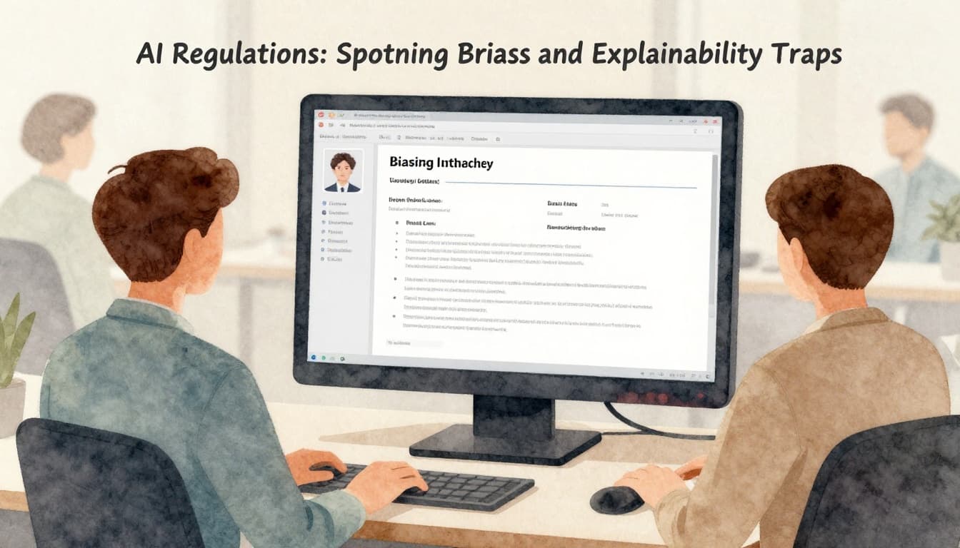 Watercolor illustration of an AI algorithm scanning resumes on a computer screen in a modern office, favoring similar profiles while diverse candidates fade in the background.