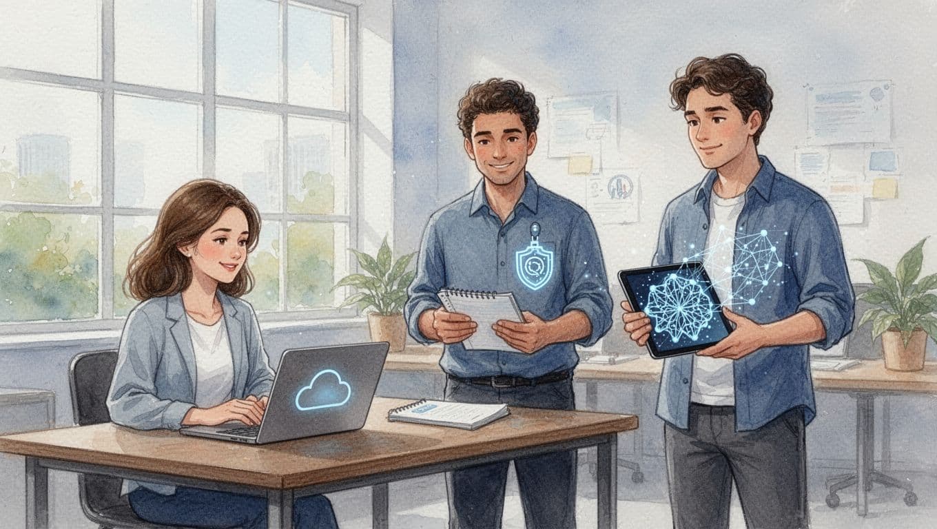 Three professionals in a bright co-working space casually collaborate on AI, cloud, and cybersecurity certifications, depicted in watercolor style with soft blending and natural daylight.