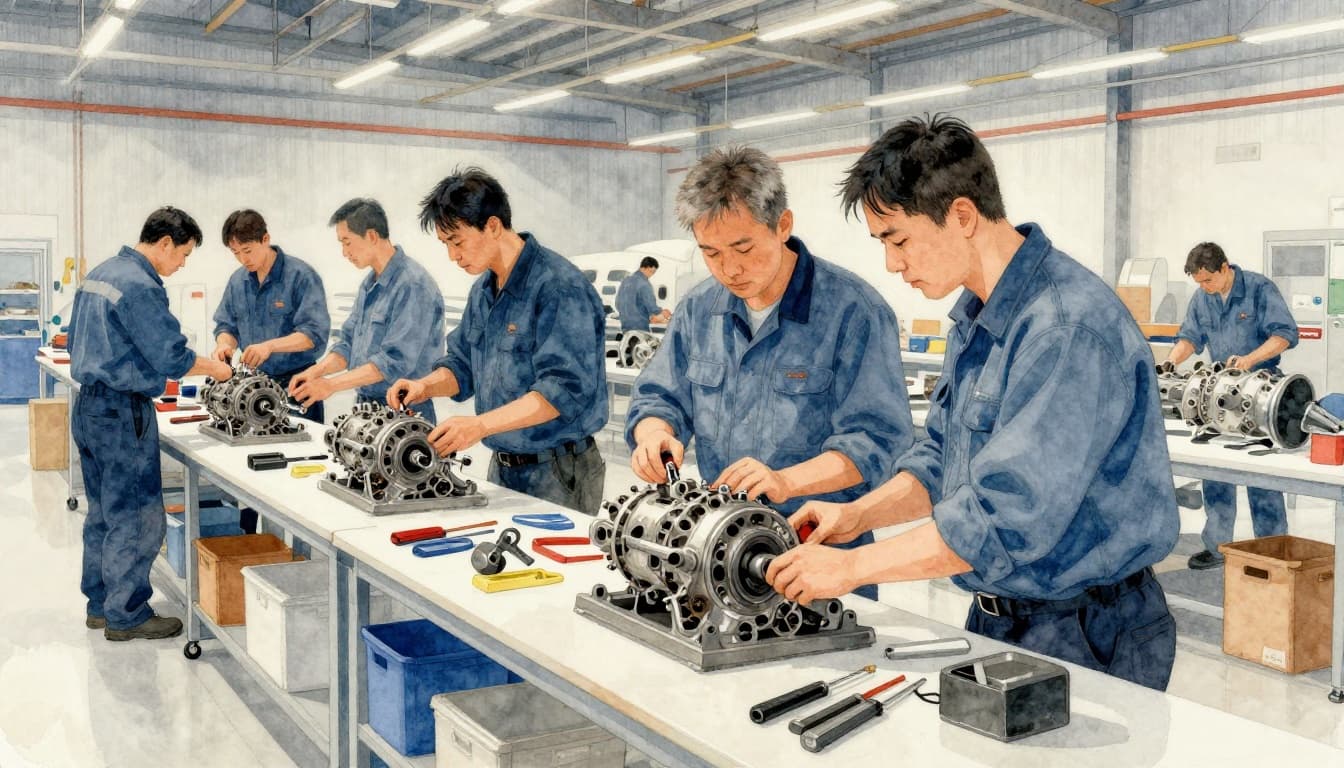 Two aircraft assembly workers in safety gear carefully inspect engine parts on a workbench in a spacious hangar, emphasizing precision and teamwork in watercolor style.