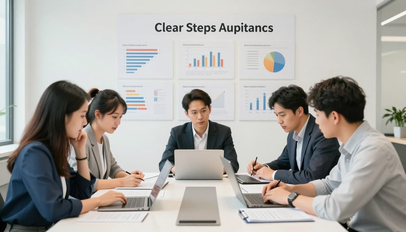 An audit team of three professionals gathered around a conference table reviewing documents and laptops with focused expressions in a modern office, watercolor style with soft blending and natural daylight.