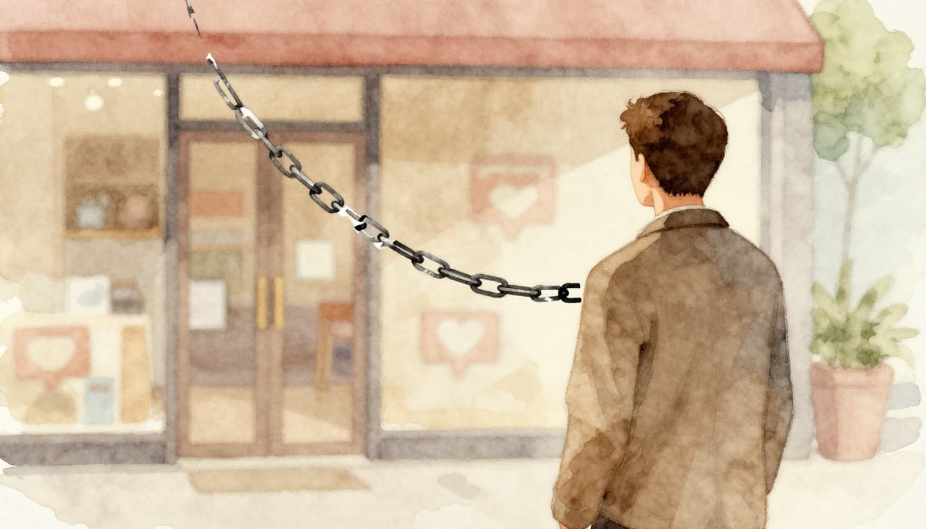 Watercolor style image of a broken chain link representing lost trust, a customer turning away from a storefront, with blurred social media icons in the background, using warm earthy tones and soft brush textures.