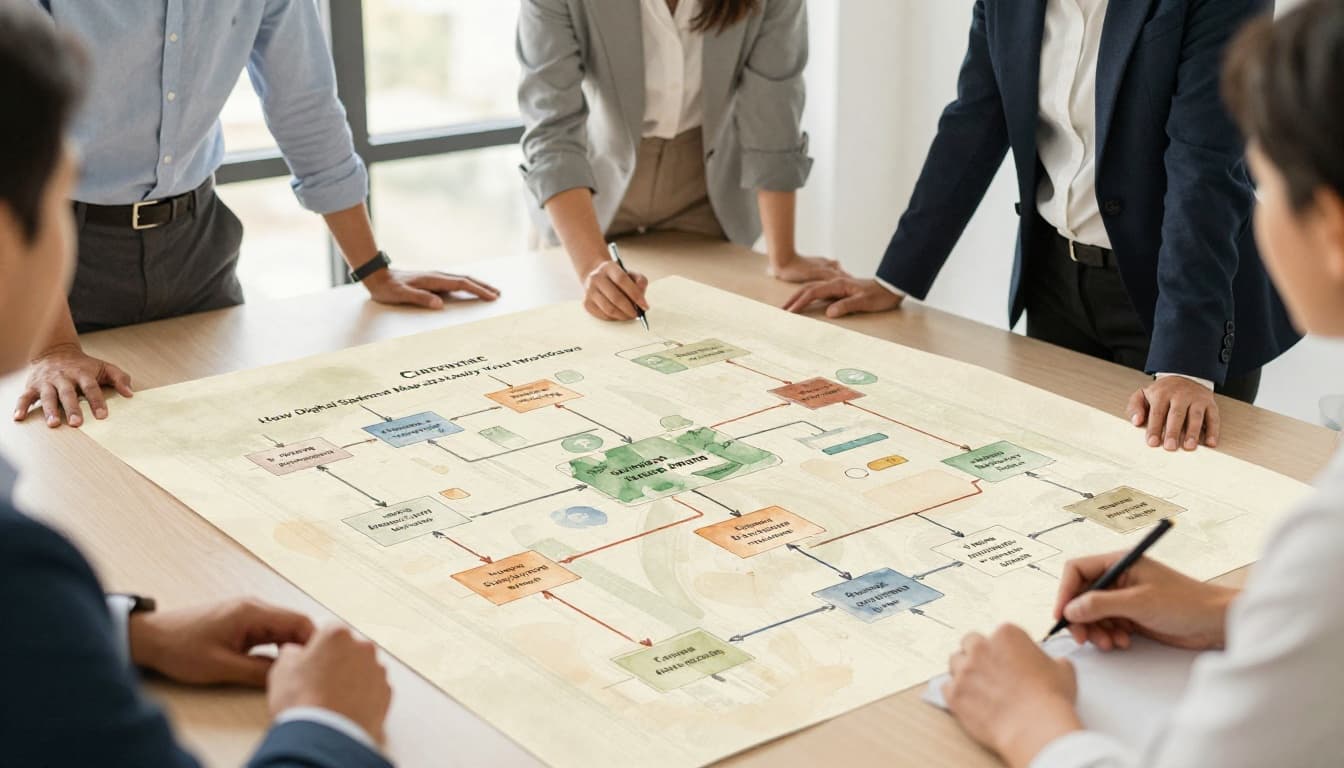 A team of three business professionals collaborates around a large digital map on a conference table, illustrating interconnected workflow paths and standardized processes in a watercolor style office setting.