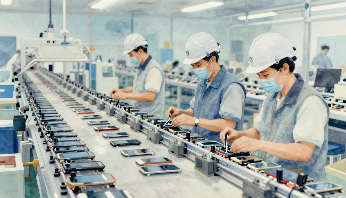 Factory assembly line with identical smartphone components on a conveyor belt, two workers in safety helmets and vests inspecting parts, modern clean workshop, wide view emphasizing uniformity and precision, watercolor style with soft blending and muted earth tones.