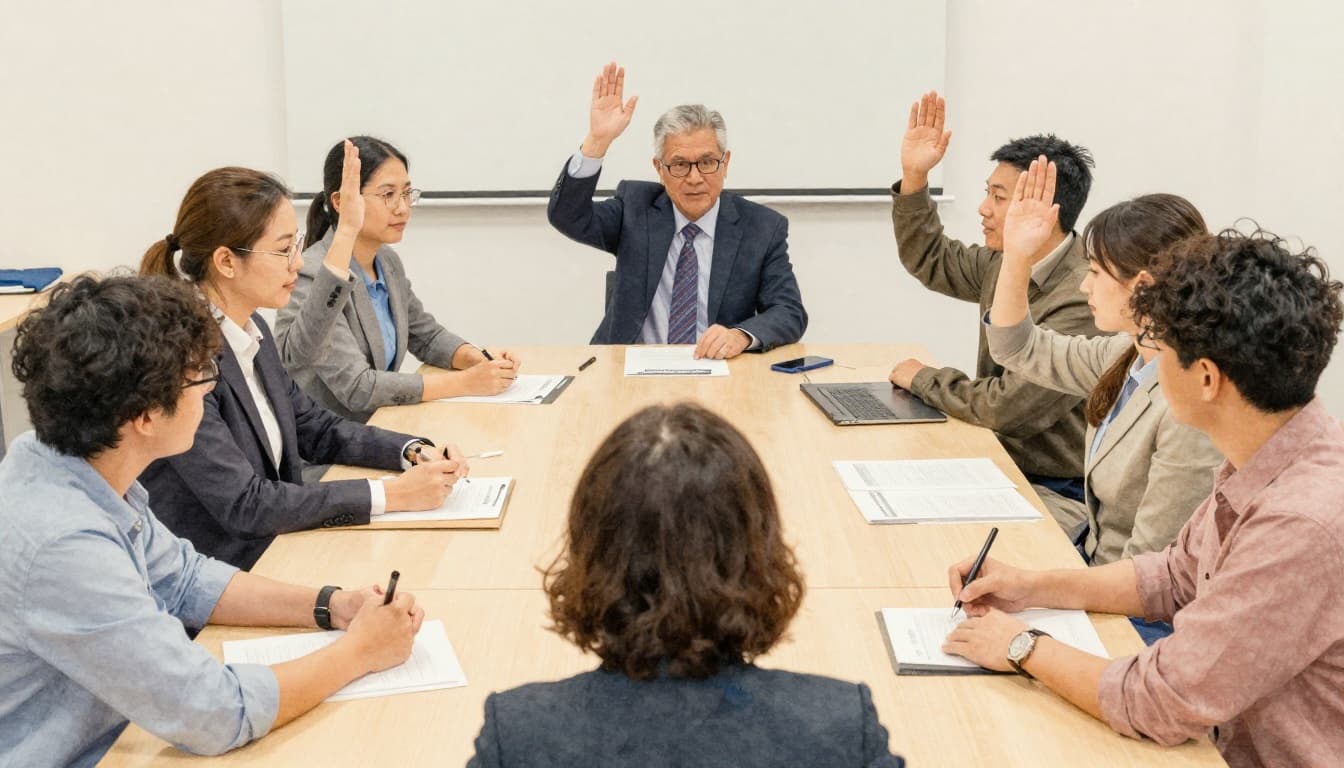 Watercolor-style group meeting with seven diverse individuals raising hands.