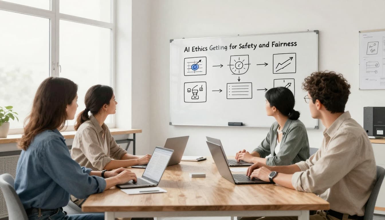 A diverse group of exactly four people seated around a table in a modern office, engaged in a relaxed discussion on AI ethics, featuring charts on fairness and safety benchmarks and a whiteboard with simple icons. Watercolor style with soft blending, visible brush texture, neutral tones, and bright window light illuminating the scene.
