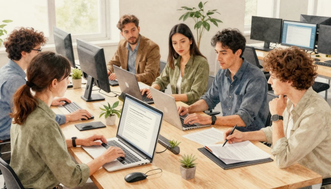 A team of three diverse professionals in an office collaboratively reviews documents and computers during a positive recovery meeting, rendered in watercolor style with soft blending, visible brush textures, and warm earthy tones.