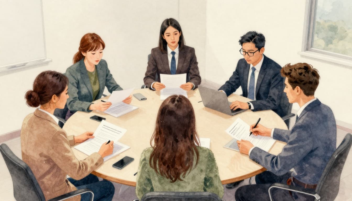 A diverse group of five professionals including an engineer, academic, and consumer representative sit around a conference table reviewing documents in a modern meeting room, depicted in watercolor style with soft blending and brush textures under neutral warm lighting.