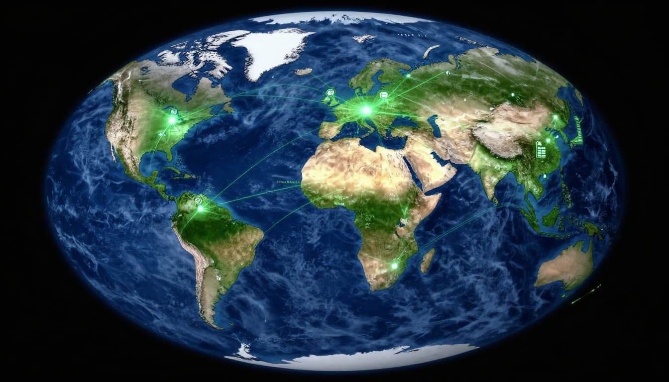 Photorealistic satellite view of Earth from space featuring interconnected green glowing lines and nodes between continents, symbolizing unified emissions reporting with simple graph icons and serene blue-green lighting.