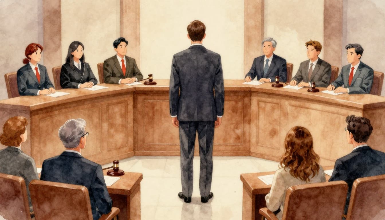 Watercolor-style courtroom scene featuring a business executive in a suit standing before a judge, with a gavel on the bench, conveying a tense atmosphere in warm earthy tones.