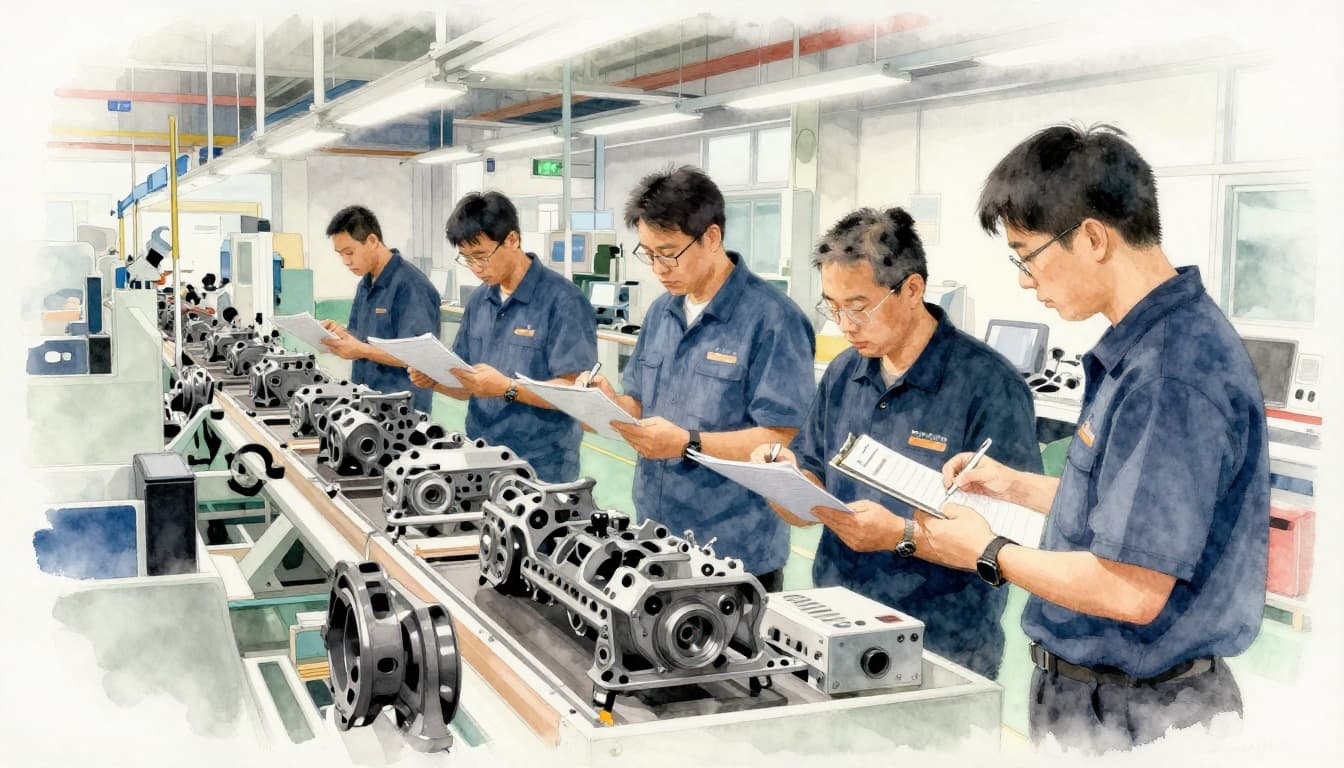 Business team of three in factory performing quality checks on car parts assembly line with checklists amid machinery, watercolor style with soft blending and brush texture.