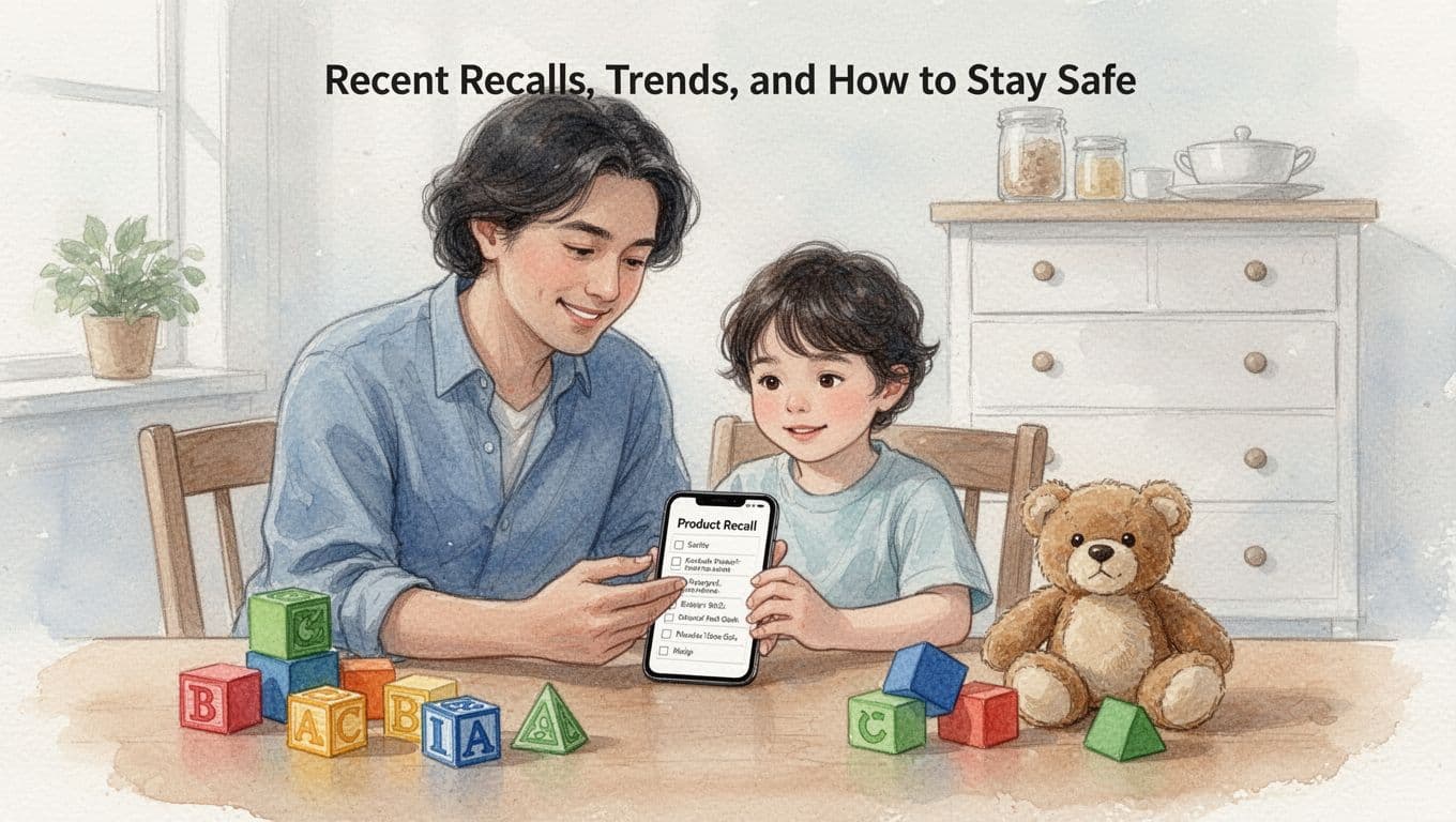 Watercolor illustration of a parent and child sitting at a kitchen table reviewing a product recall list on a smartphone, surrounded by safe toys like blocks and a stuffed animal, with an anchored dresser in the background.