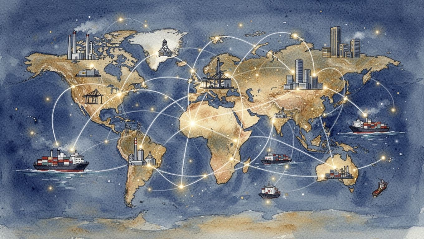 Modern digital network of glowing lines connecting world map icons of factories, ports, and cities, symbolizing harmonized standards enabling future global trade in watercolor style.
