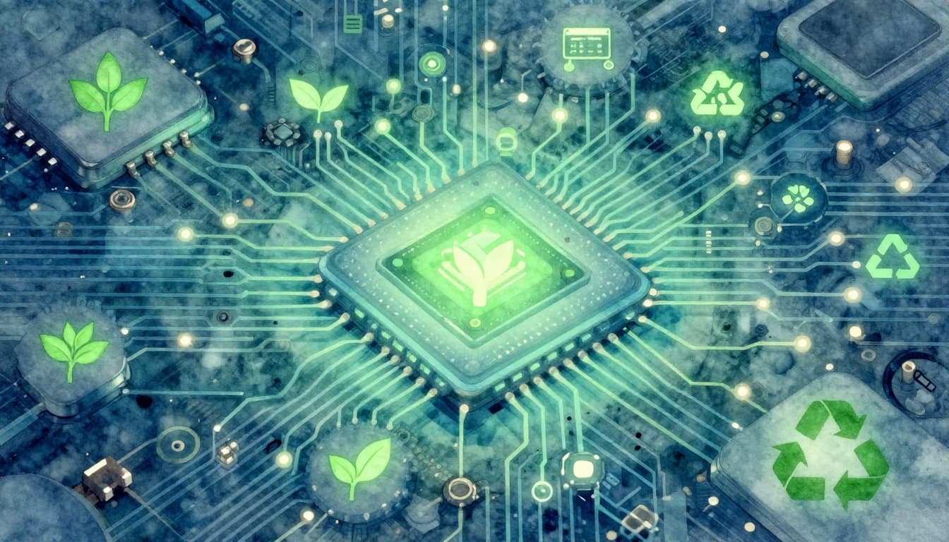Futuristic AI circuit board with quantum bits and green sustainable icons like leaves and recycle symbols integrated, abstract tech scene in watercolor style with soft blending brush texture, blue-green palette, and ethereal lighting.