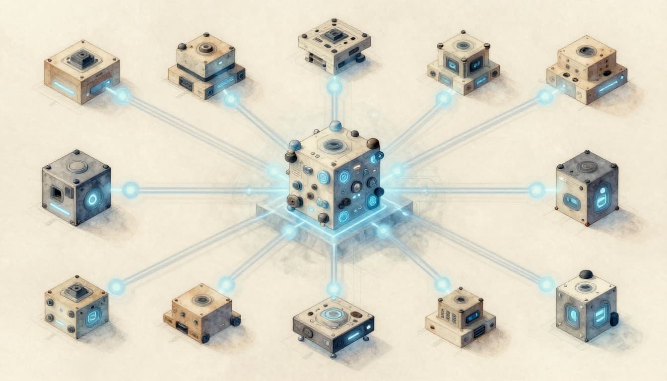 Futuristic modular AI components connecting like building blocks on a digital blueprint, abstract tech scene with glowing links and nodes in watercolor style.