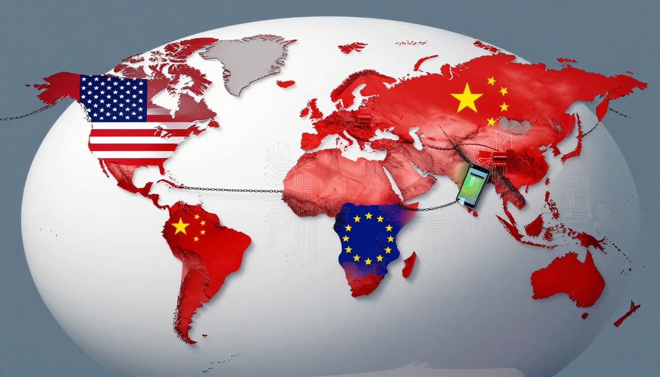 A globe divided into three sections labeled with US, China, and EU flags, separated by barrier walls, with AI circuits and tech devices like chips and phones on chains pulling the sections apart under dramatic red lighting in a tense atmosphere. Realistic digital art in landscape composition.