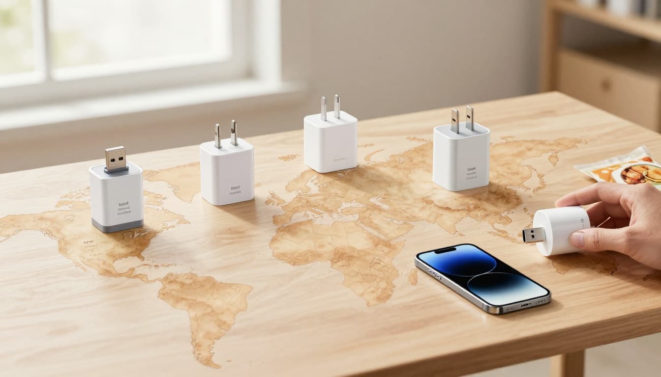 Watercolor illustration featuring USB chargers, smartphones, and food packages arranged on a world map table with multilingual labels, demonstrating universal compatibility in a neutral office setting with soft lighting and warm earth tones.