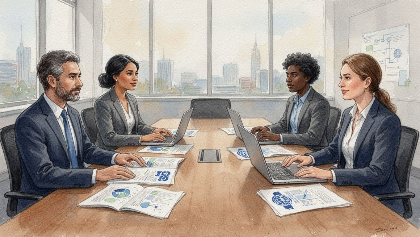 Watercolor illustration of four diverse professionals seated around a conference table, discussing technical documents and laptops, symbolizing collaboration between organizations like ISO, IEC, and WTO.