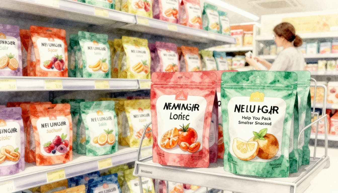 A watercolor-style grocery store shelf features colorful snack packages with front-of-package warning icons for high sugar and salt, fresh fruits nearby, bright lighting, soft blending, brush texture, one shopper in background, landscape composition.