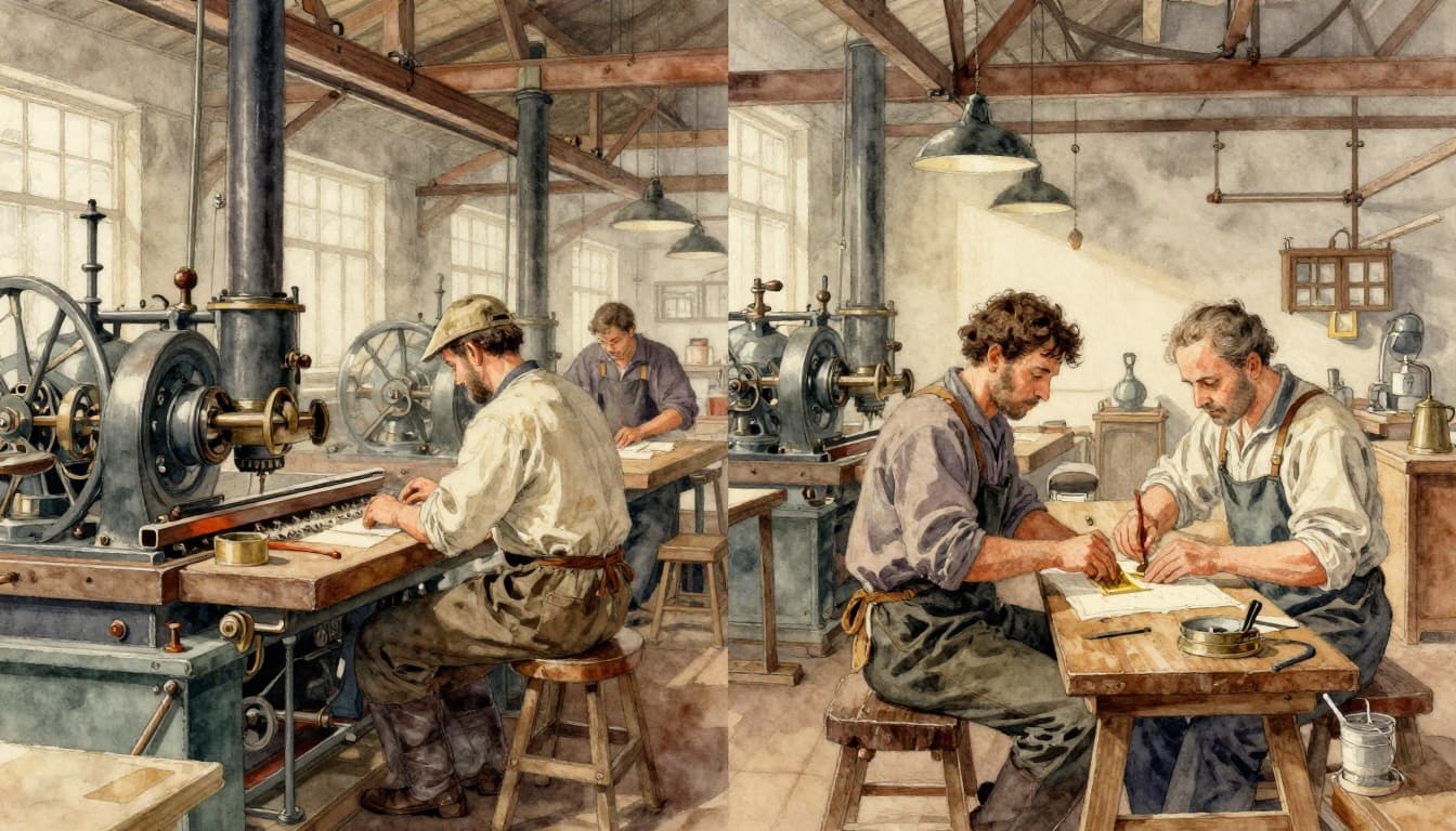 Factory workers in a bustling 19th-century industrial mill with steam machines and assembly lines contrasted side-by-side with a lone artisan crafting by hand in a quiet workshop. Watercolor style featuring soft blending, visible brush texture, warm earthy tones, detailed machinery and fabric textures, and soft natural lighting.