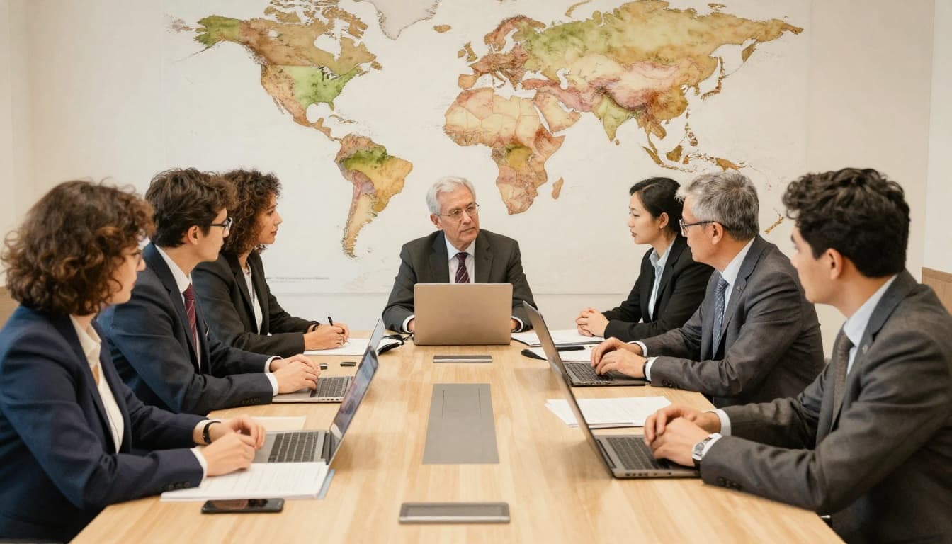 A group of six international experts in business casual attire seated around a conference table in a modern meeting room with world map on the wall, reviewing documents and laptops during a standards meeting, rendered in watercolor style with soft blending, brush texture, and warm earth tones.