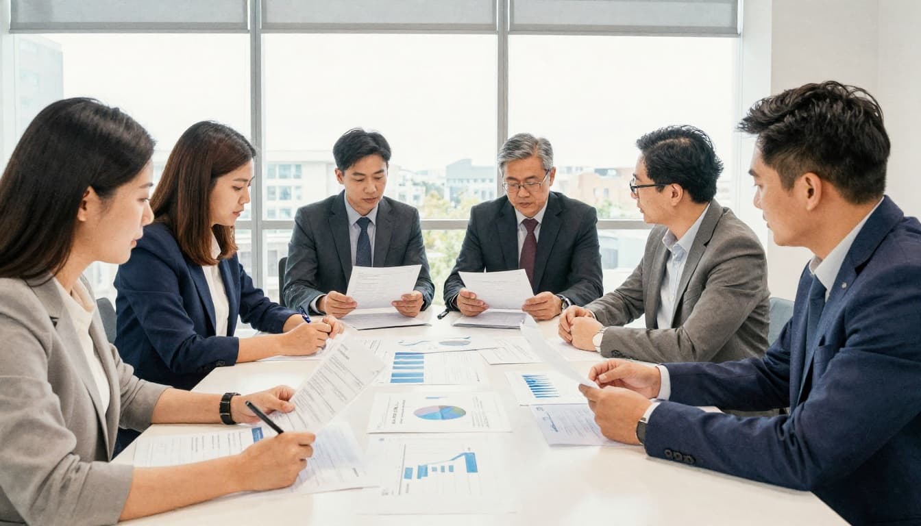 Professionals in a modern conference room with large windows examine ISO quality documents and charts, showcasing group collaboration in watercolor style with soft blending and natural daylight.