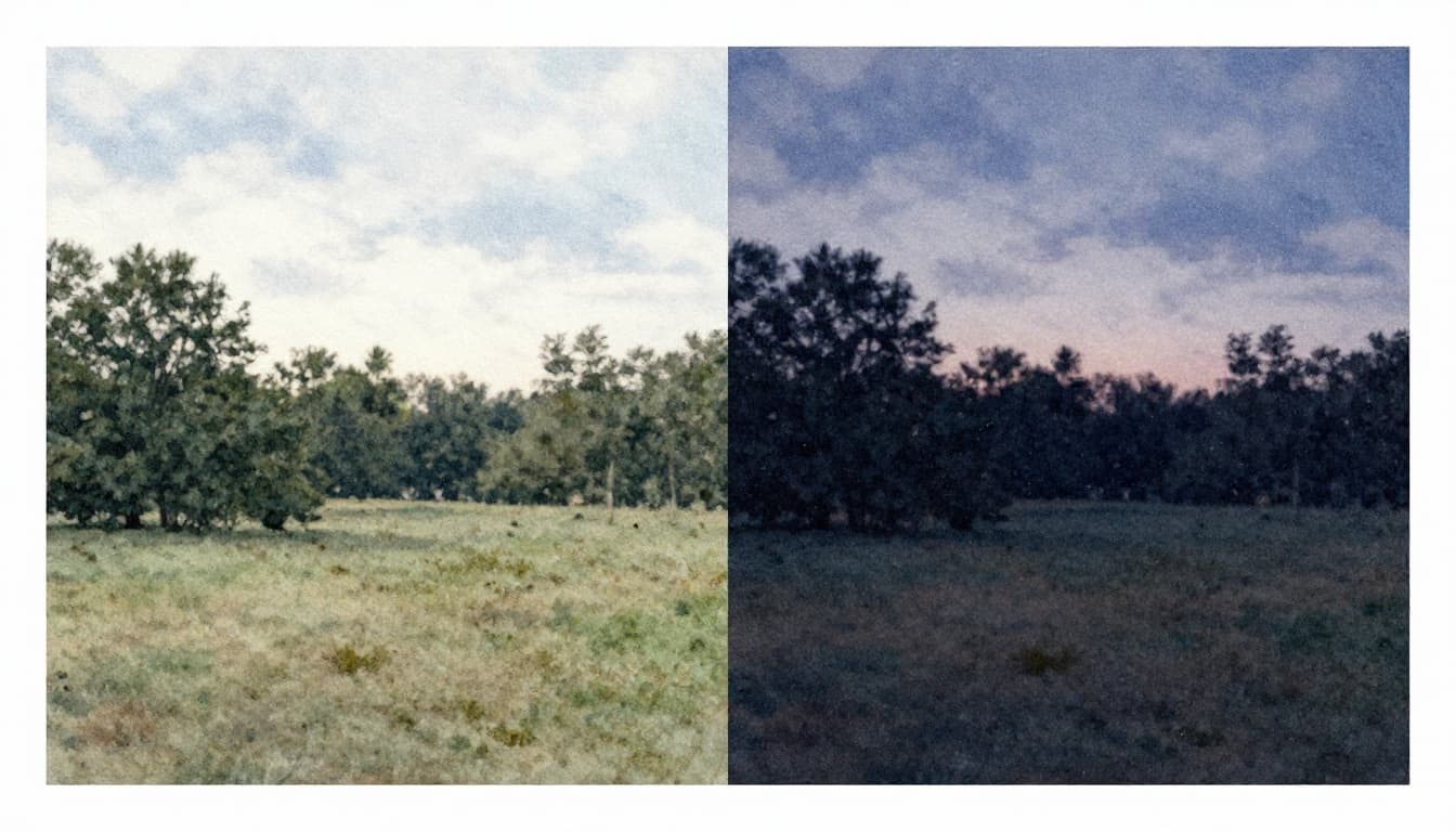 Watercolor painting featuring a side-by-side comparison: left side shows a clean, sharp low ISO daylight landscape photo, right side depicts the same scene as grainy and noisy high ISO night version, split down the middle with soft blended edges and brush texture in cool tones.