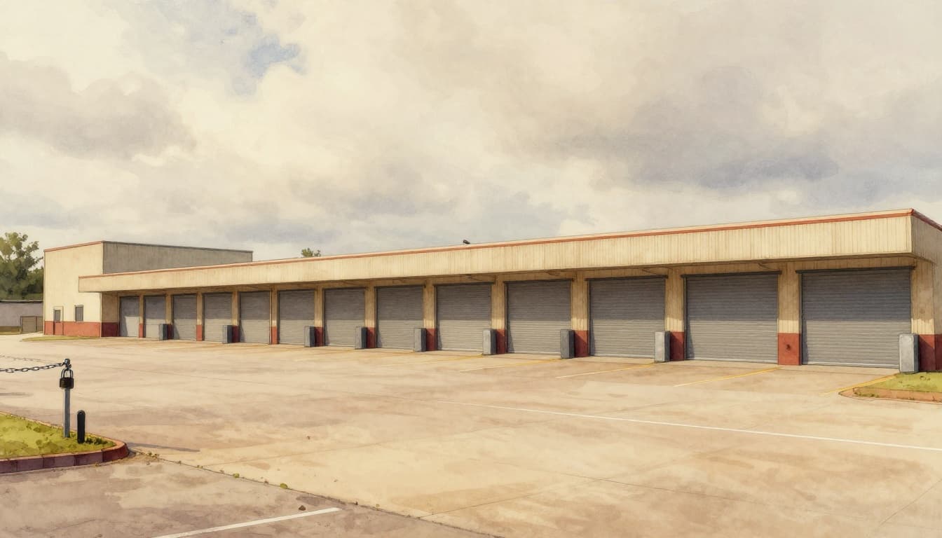 Closed factory gates with chain and padlock before an empty parking lot under an overcast sky, in watercolor style with soft blending, visible brush texture, and warm earthy tones.