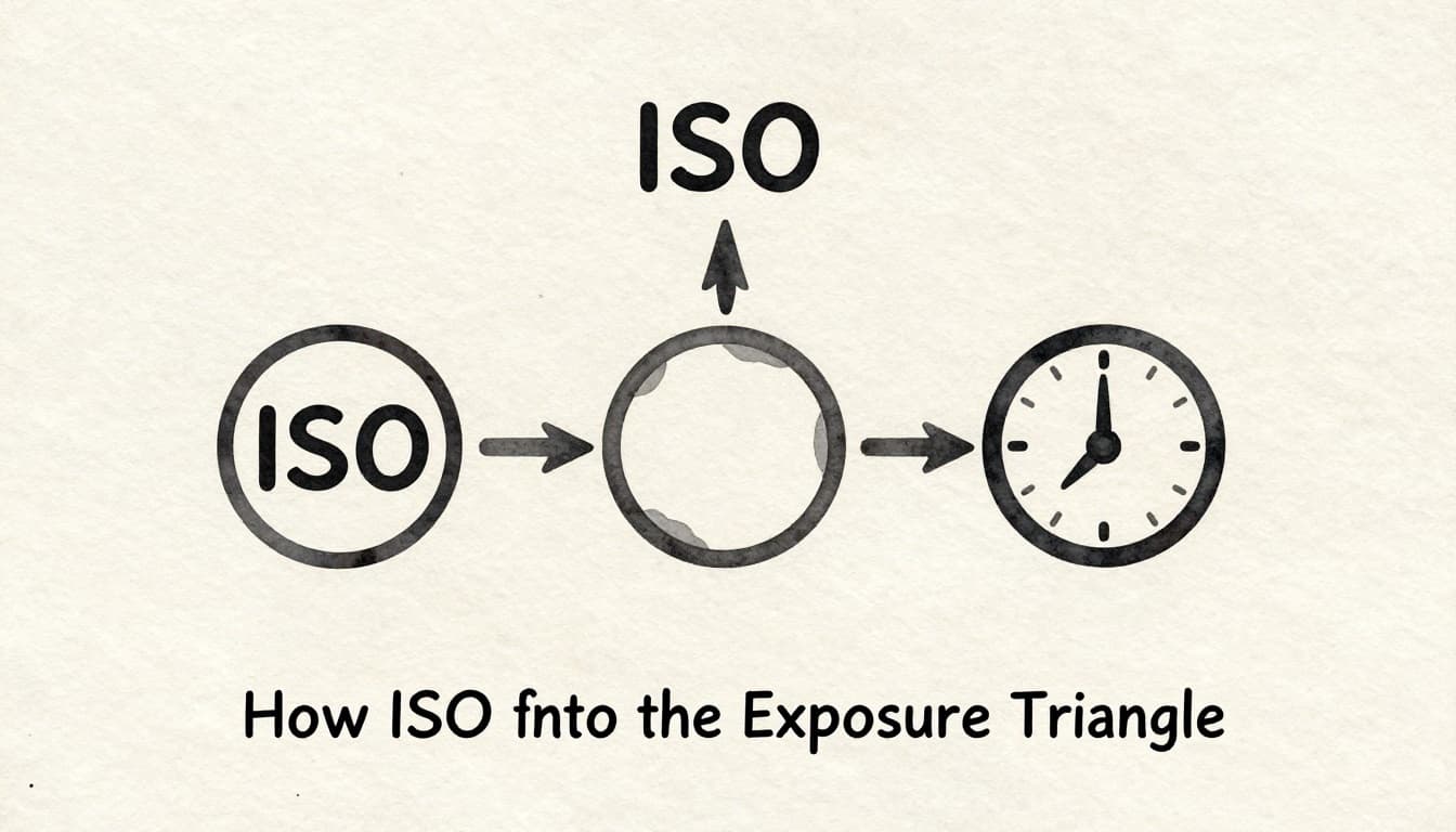 Watercolor style illustration of the photography exposure triangle with connected icons for ISO sensor, aperture lens opening, and shutter speed clock, arranged in a triangle on a neutral background with soft blending and brush texture.
