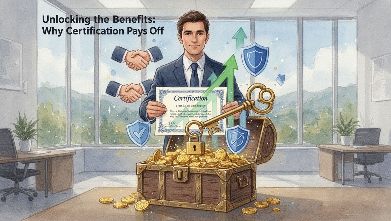 A confident professional holds a certificate acting as a key to unlock career growth, trust, and safety benefits.