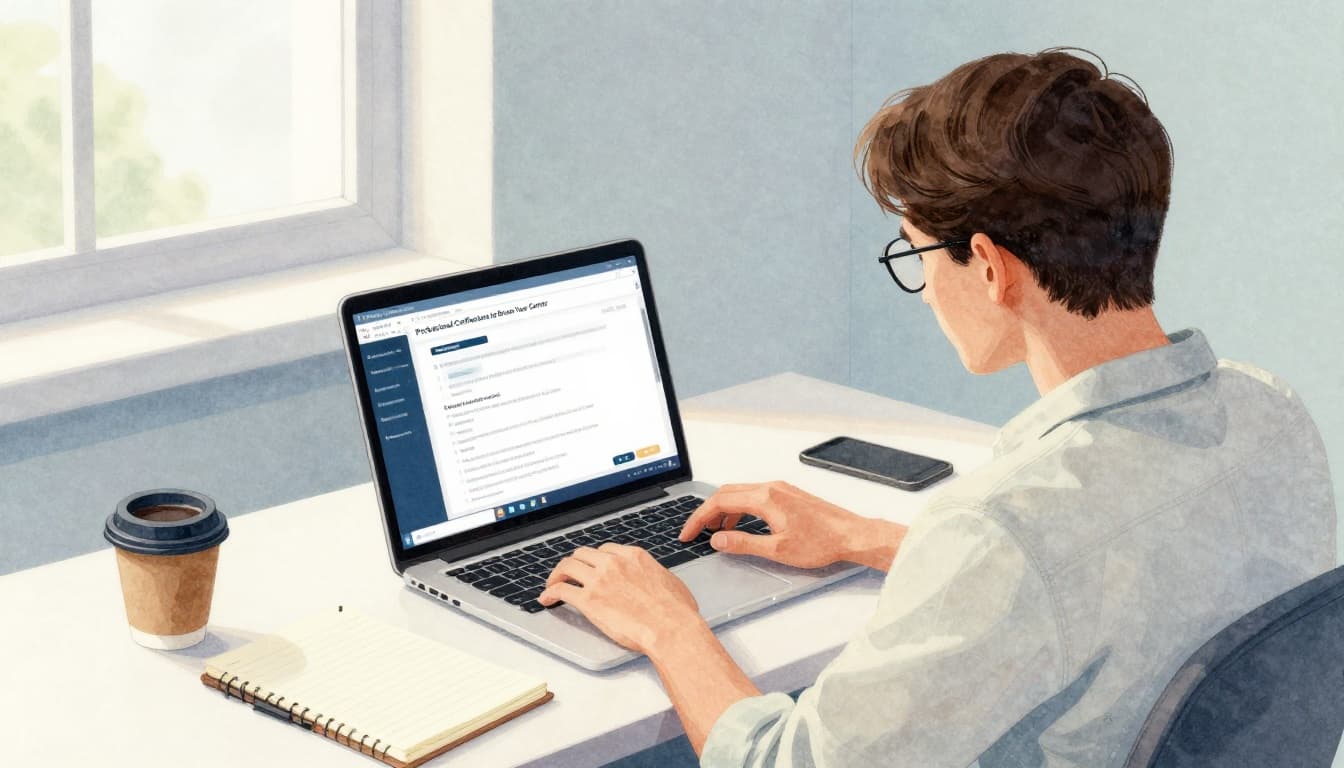 One person seated at a desk in a quiet study room, intently working on a professional certification exam displayed on a blurred laptop screen, with a notebook and coffee mug nearby, rendered in watercolor style with soft blending and natural daylight.