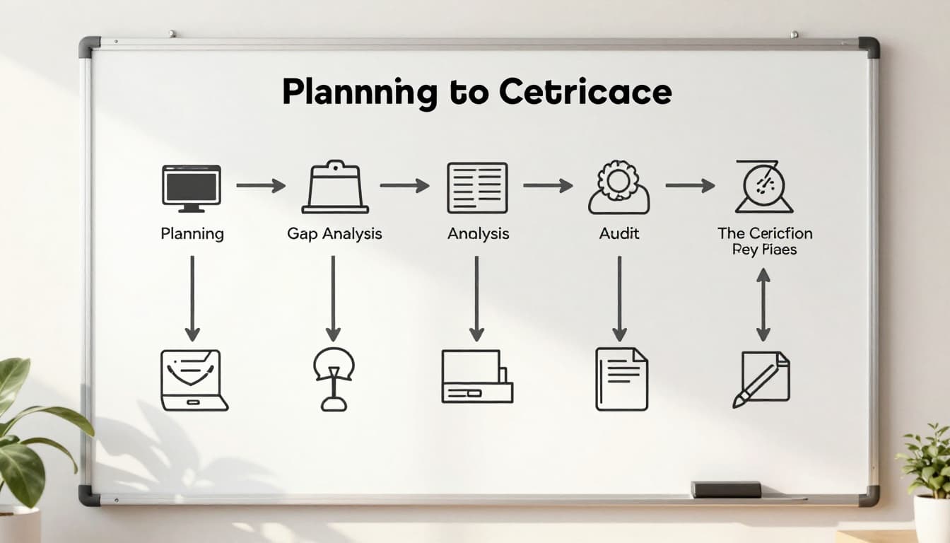 Step-by-step flowchart icons on a whiteboard depicting quality implementation phases including planning, gap analysis, and audit, in watercolor style with soft blending and brush texture. Top-down composition on a clean office desk with bright natural light, no people, text, or extra elements.