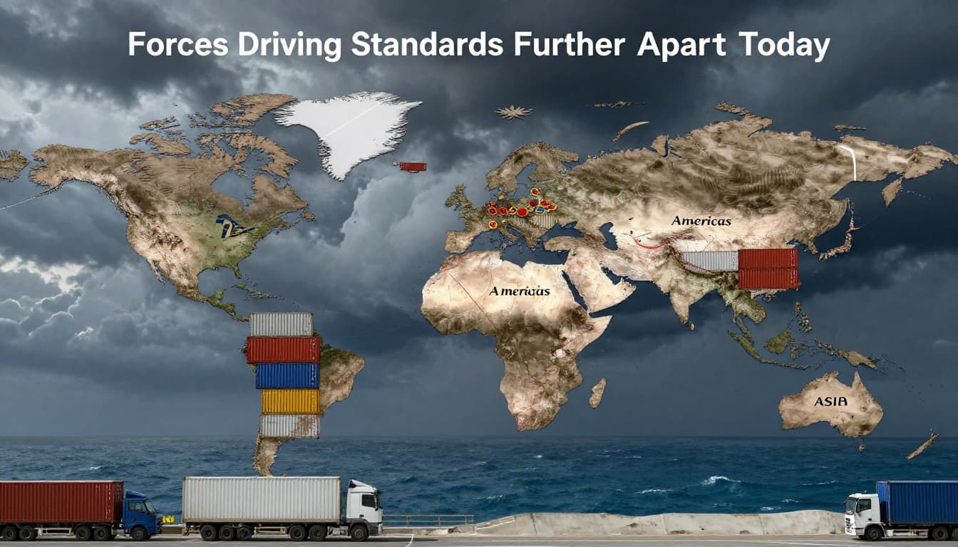 Realistic landscape illustration of tariff walls blocking cargo ships and containers between ports labeled Americas, Europe, and Asia, with stopped supply chain trucks under stormy skies.
