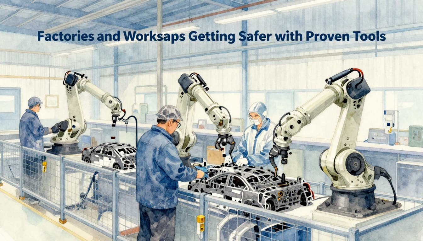 Two factory workers in protective gear safely collaborate with industrial robots assembling car parts in an organized workshop with safety fences and sensors, rendered in watercolor style with soft blending and muted earth tones.