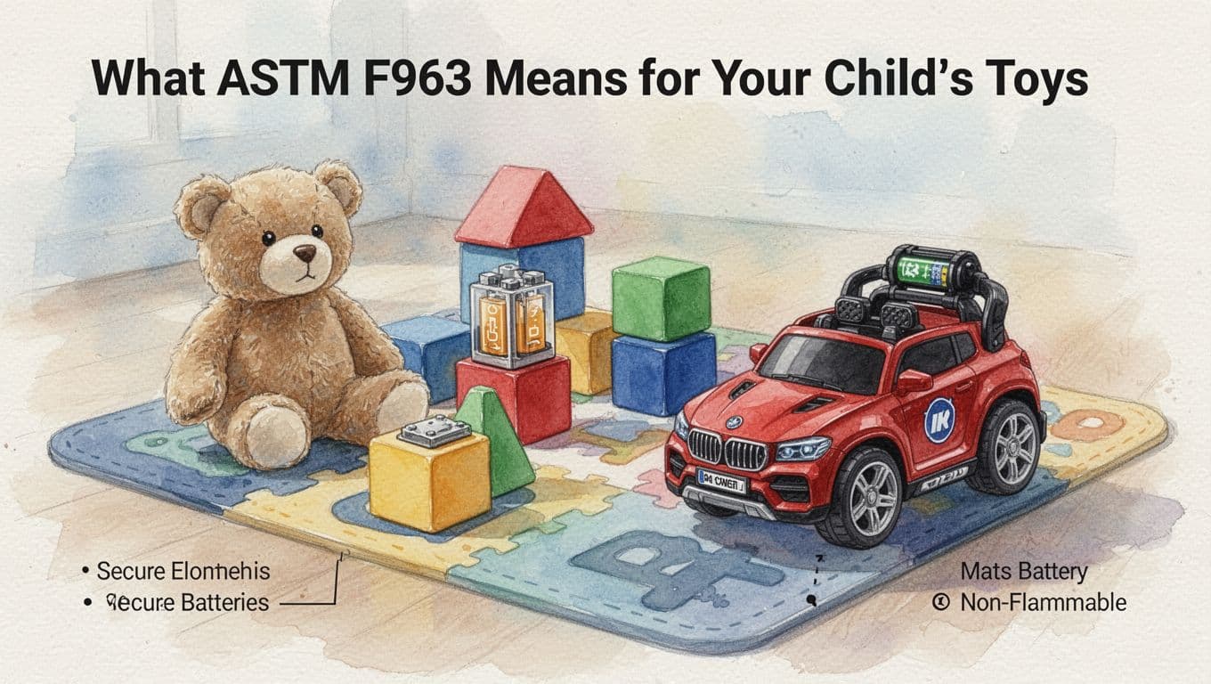 Watercolor illustration of safe children's toys including a stuffed animal, building blocks, and battery-powered car on a play mat, highlighting secure batteries and non-flammable materials with soft natural lighting and visible brush strokes.