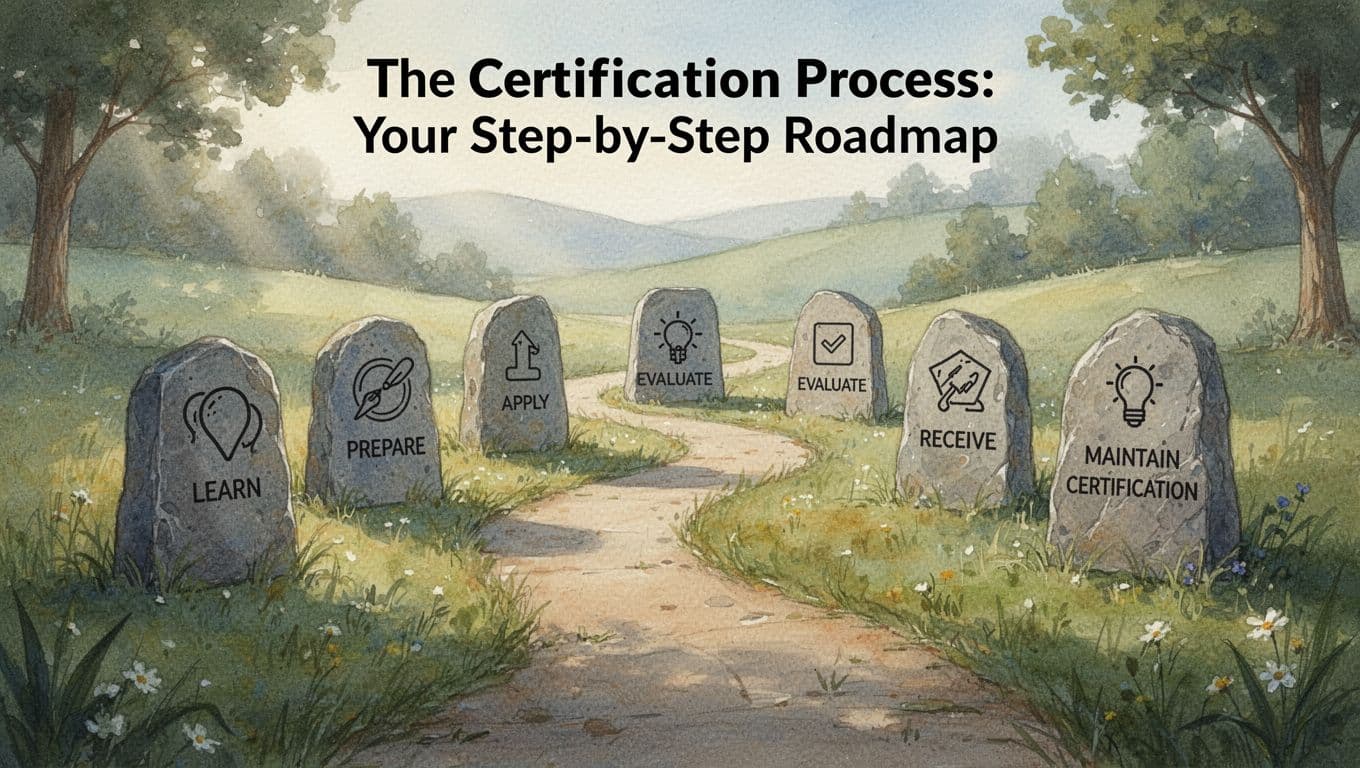 A scenic winding path in a lush green landscape leads through six stone markers with icons for learn, prepare, apply, evaluate, receive, and maintain certification steps, in soft morning light and watercolor style.