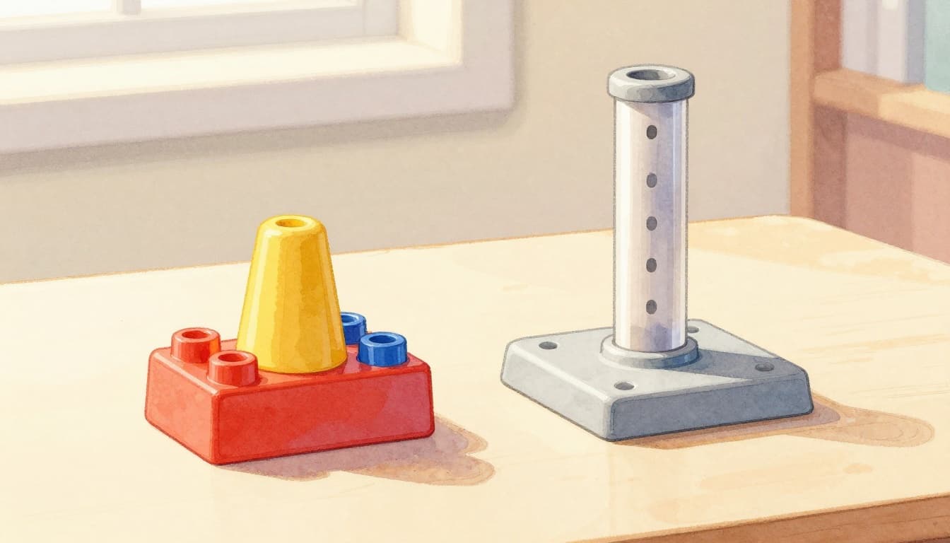 Watercolor illustration of a colorful plastic toy block next to a small parts cylinder test tool on a plain table, demonstrating safe design with no small detachable parts in a lab-like setting with soft lighting.