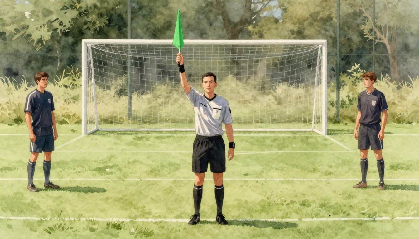 Watercolor-style image of a referee in the center of a green soccer field holding up a green flag to approve a goal, with two players watching attentively, illustrating third-party certification as independent verification.