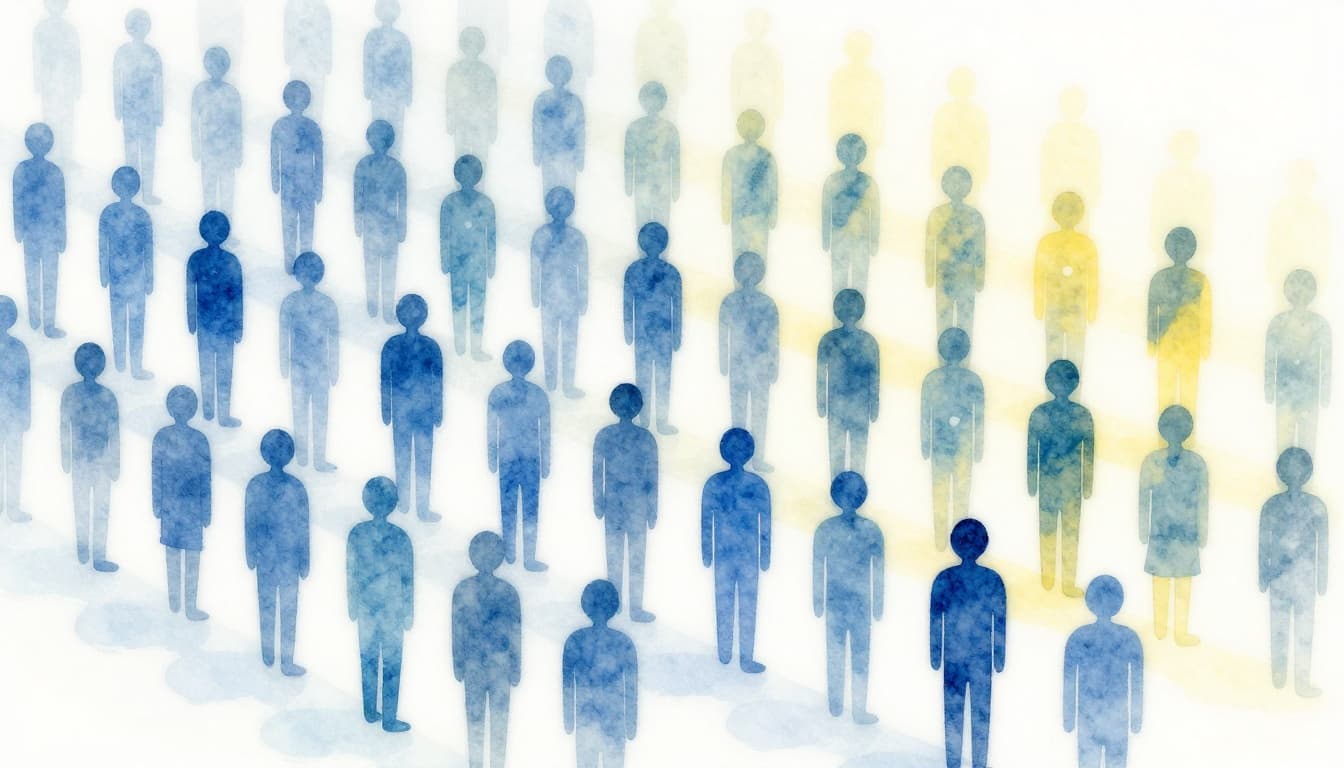 Abstract watercolor visualization of the social threshold model, depicting a crowd of stylized figures gradually shifting from one side to another as influence spreads, using soft blending, brush textures, and a gradient from blues to yellows.