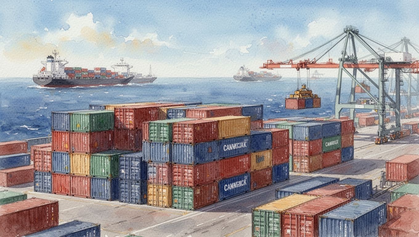 Watercolor style image of colorful standardized shipping containers piled high at a sunny international port, with cargo ships on the ocean horizon and cranes loading, symbolizing efficient global trade.
