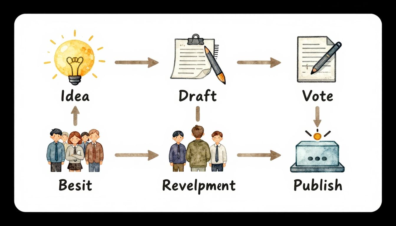 Simple vertical flowchart on a whiteboard depicting the standards development process with five illustrative icons—Idea bulb, drafting pen, review group, voting ballot, final document—connected by arrows in watercolor style with warm earth tones.