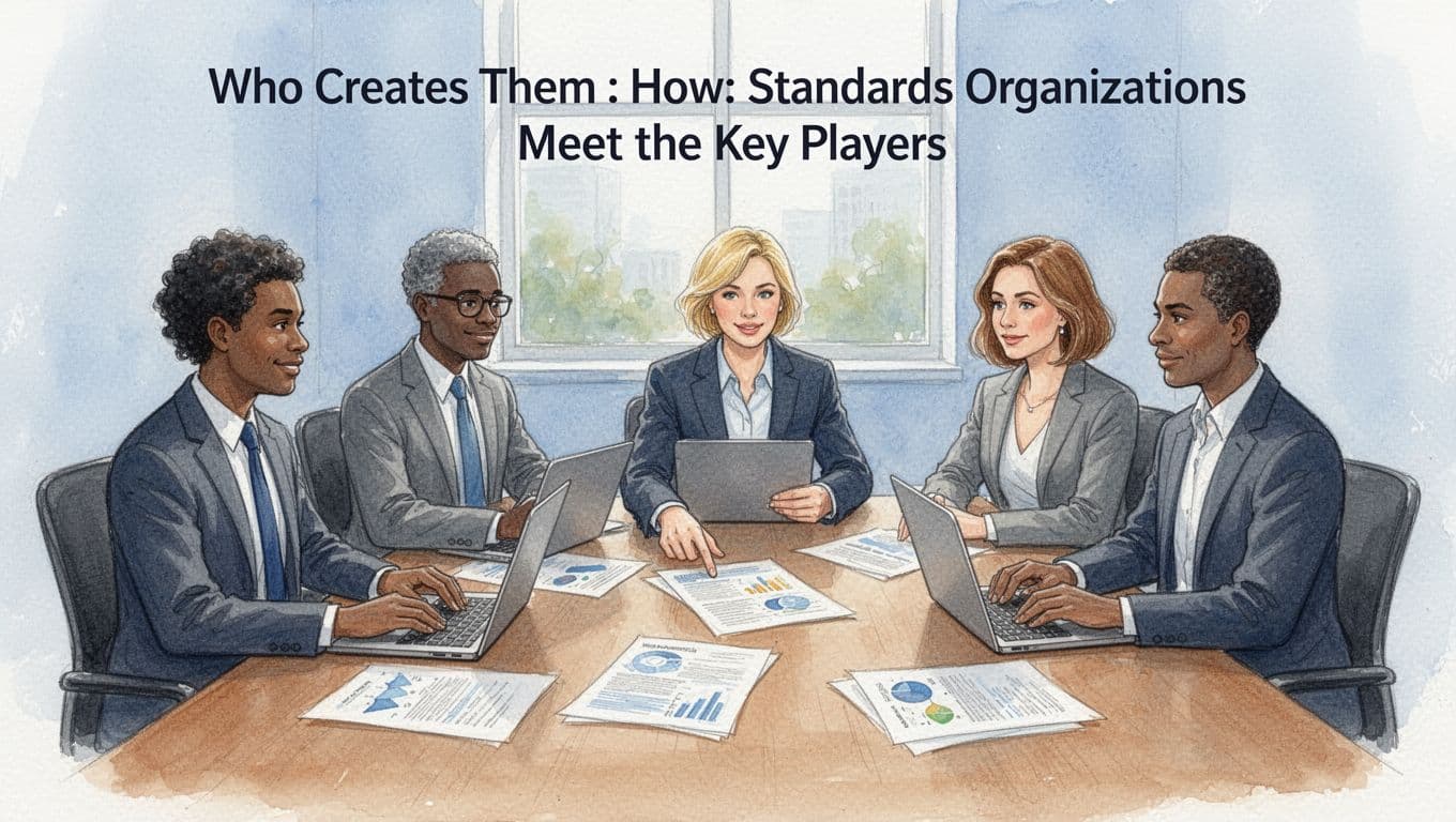 Watercolor illustration of five diverse professionals from standards organizations sitting around a wooden conference table in a bright meeting room, discussing printed documents and open laptops.