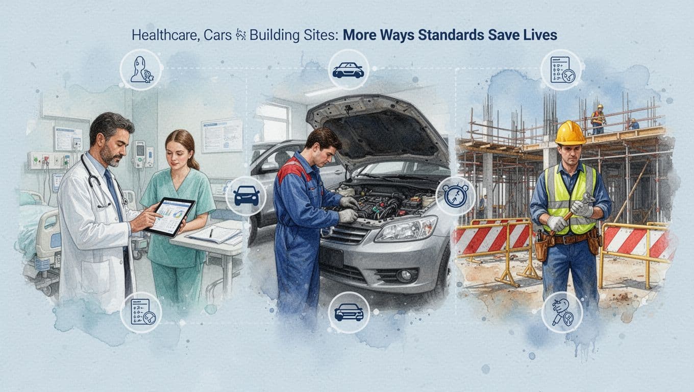 Watercolor-style split scenes of a doctor reviewing patient data on a tablet in a hospital, a mechanic inspecting car safety systems under the hood, and a construction worker in helmet on a building site with barriers, connected by faint standard icons on pale blue background.