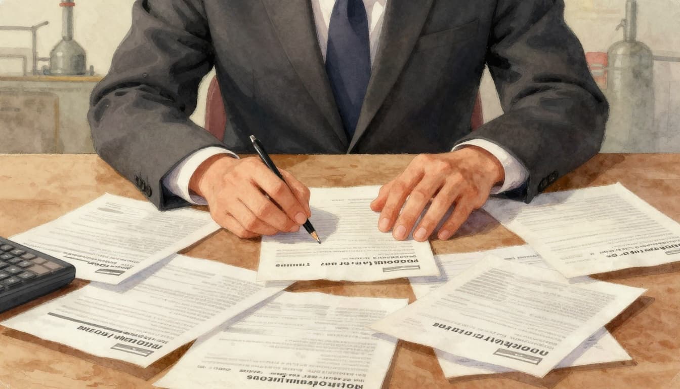 A watercolor-style illustration of a stressed business owner seated at a desk overflowing with bills and fine notices, featuring a factory in the background, rendered in warm earthy tones with soft blending and visible brush textures.