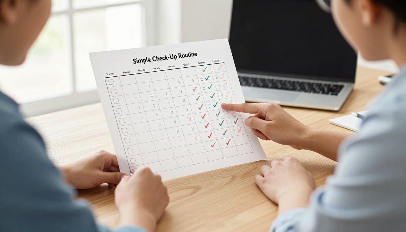 Two people in a bright office sit at a wooden desk, examining a large open calendar and checklists with checkmarks, one pointing to a date in soft watercolor style with warm lighting.