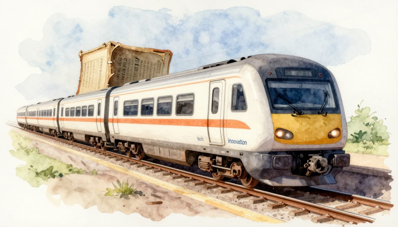 Watercolor painting of a speeding modern train leaving an old dusty rulebook abandoned behind.