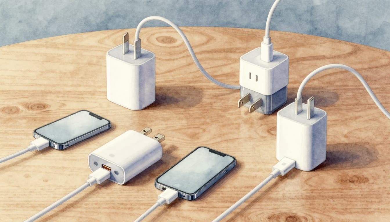 Watercolor style image of universal USB chargers and cables seamlessly connecting three smartphones and devices on a wooden table, illustrating tech interoperability with earth tones and soft brush textures.