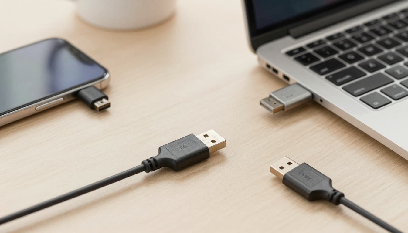 Watercolor style image of a USB cable seamlessly connecting a phone to a laptop on a desk with nearby devices, featuring soft blending, brush textures, earth tones, and warm daylight lighting.