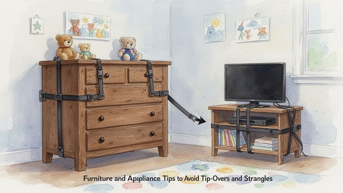 Watercolor style illustration of a sturdy wooden dresser and small TV stand securely anchored to the wall in a softly lit child's bedroom, demonstrating tip-over prevention with brush textures and pale background.