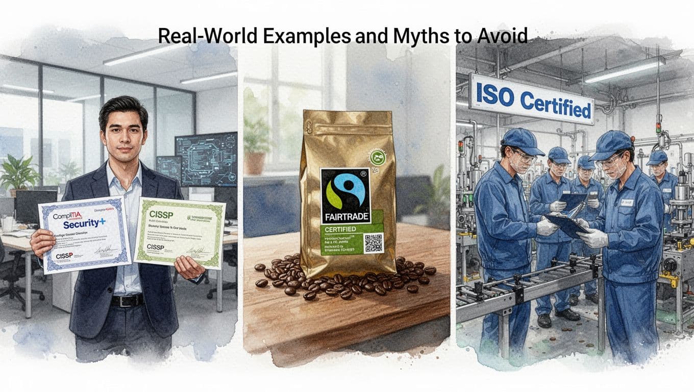 Watercolor split scene showing cybersecurity certificates, Fairtrade coffee, and ISO quality checks